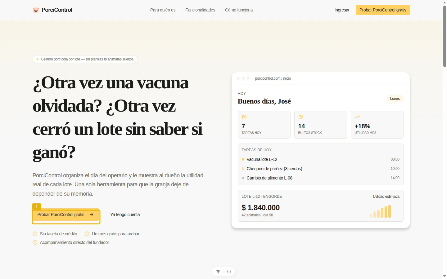 Landing de PorciControl con el botón "Probar PorciControl gratis" resaltado.