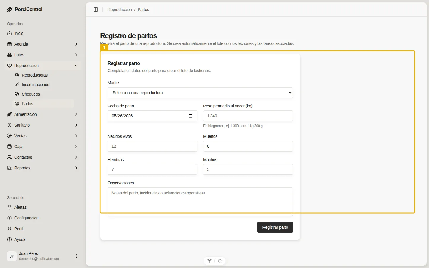 Pantalla de Partos con el formulario completo resaltado.