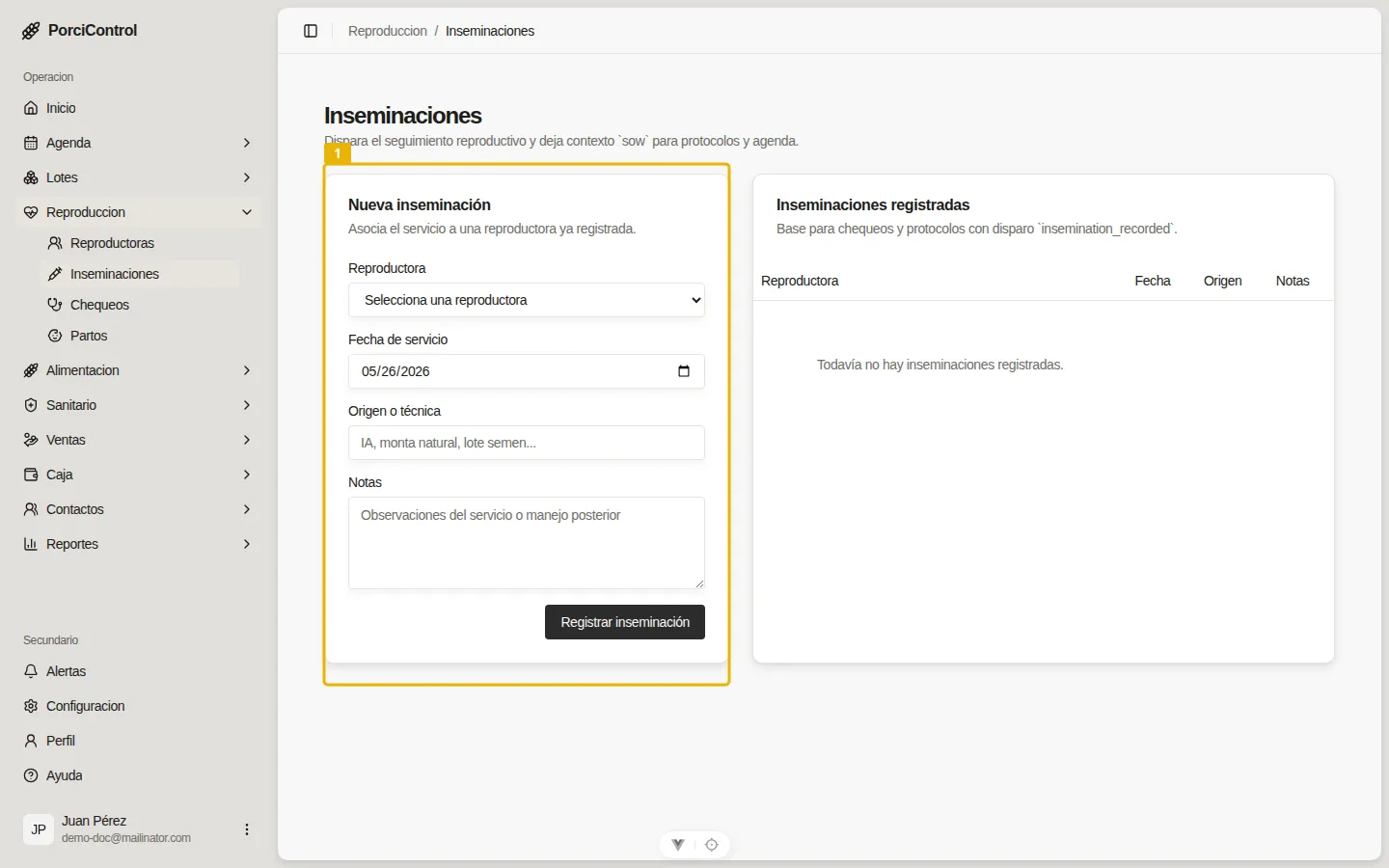 Pantalla de Inseminaciones con el formulario nuevo a la izquierda resaltado y la tabla vacía a la derecha.