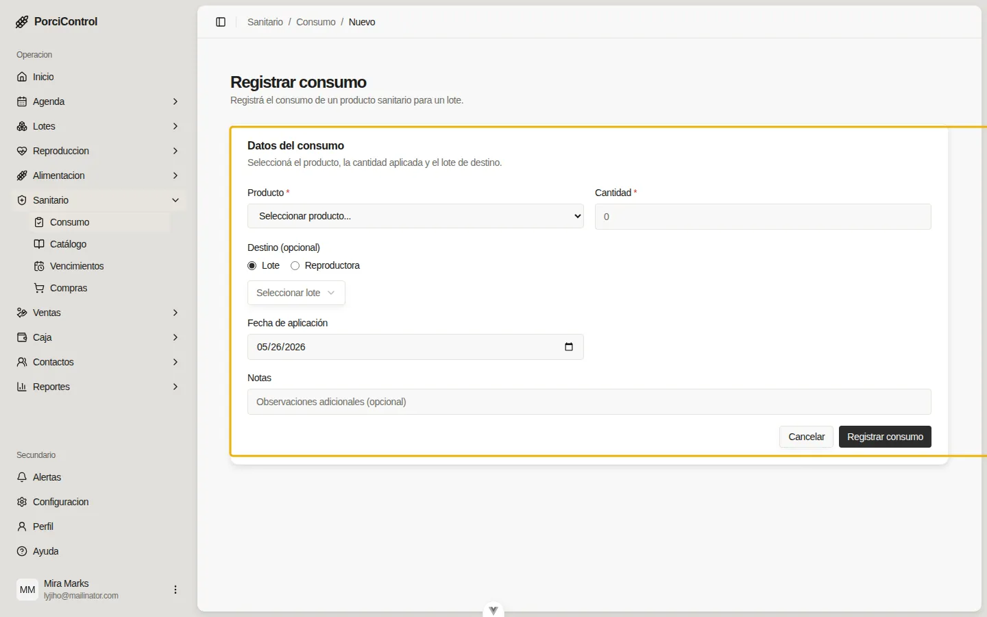 Formulario Registrar consumo con todos los campos resaltados.