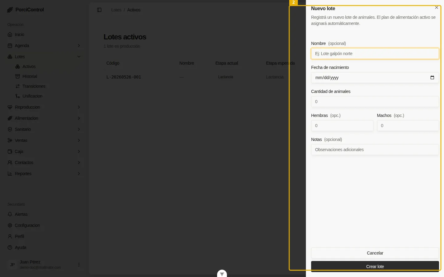 Modal Nuevo lote completo con el formulario resaltado.