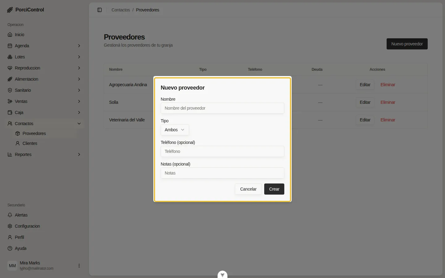 Modal Nuevo proveedor con el formulario completo resaltado.