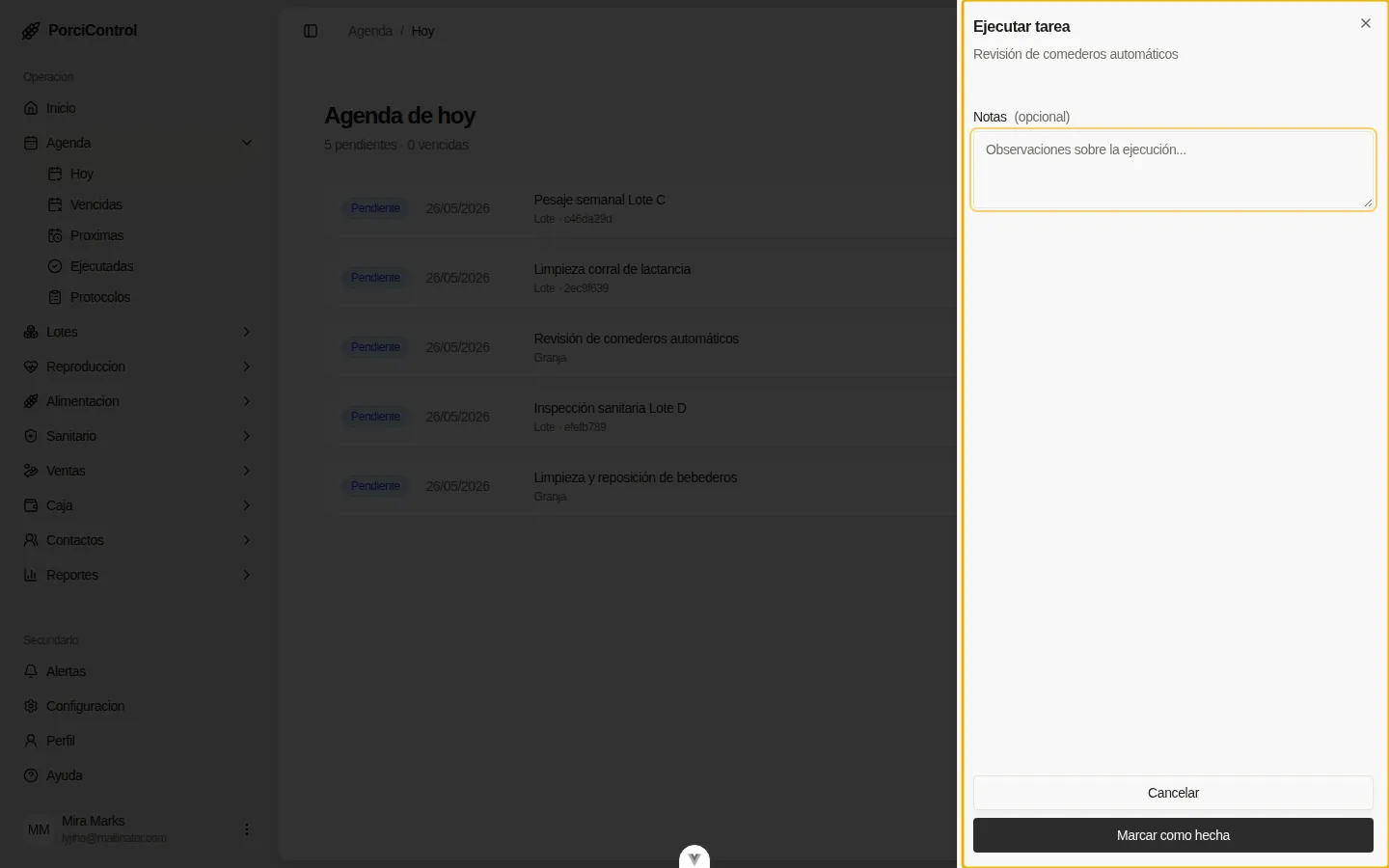 Modal Ejecutar tarea abierto desde la derecha con el panel completo resaltado.