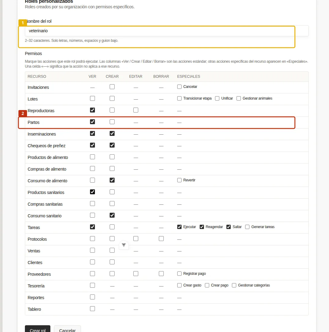 Formulario con el nombre cambiado a "veterinario" resaltado en amarillo, y la casilla "Partos — Ver" recién marcada resaltada en rojo.