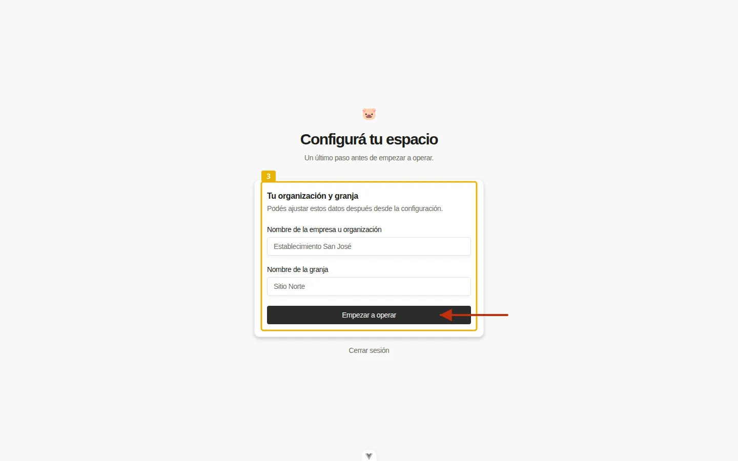 Pantalla de onboarding con el formulario de organización y granja resaltado.