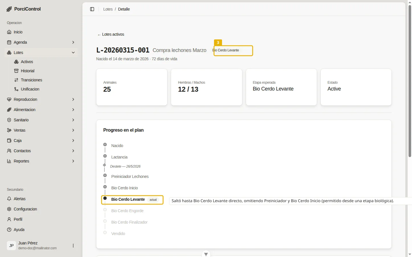 Detalle del lote tras transicionar, con la nueva etapa en el header y el progreso visualizado.