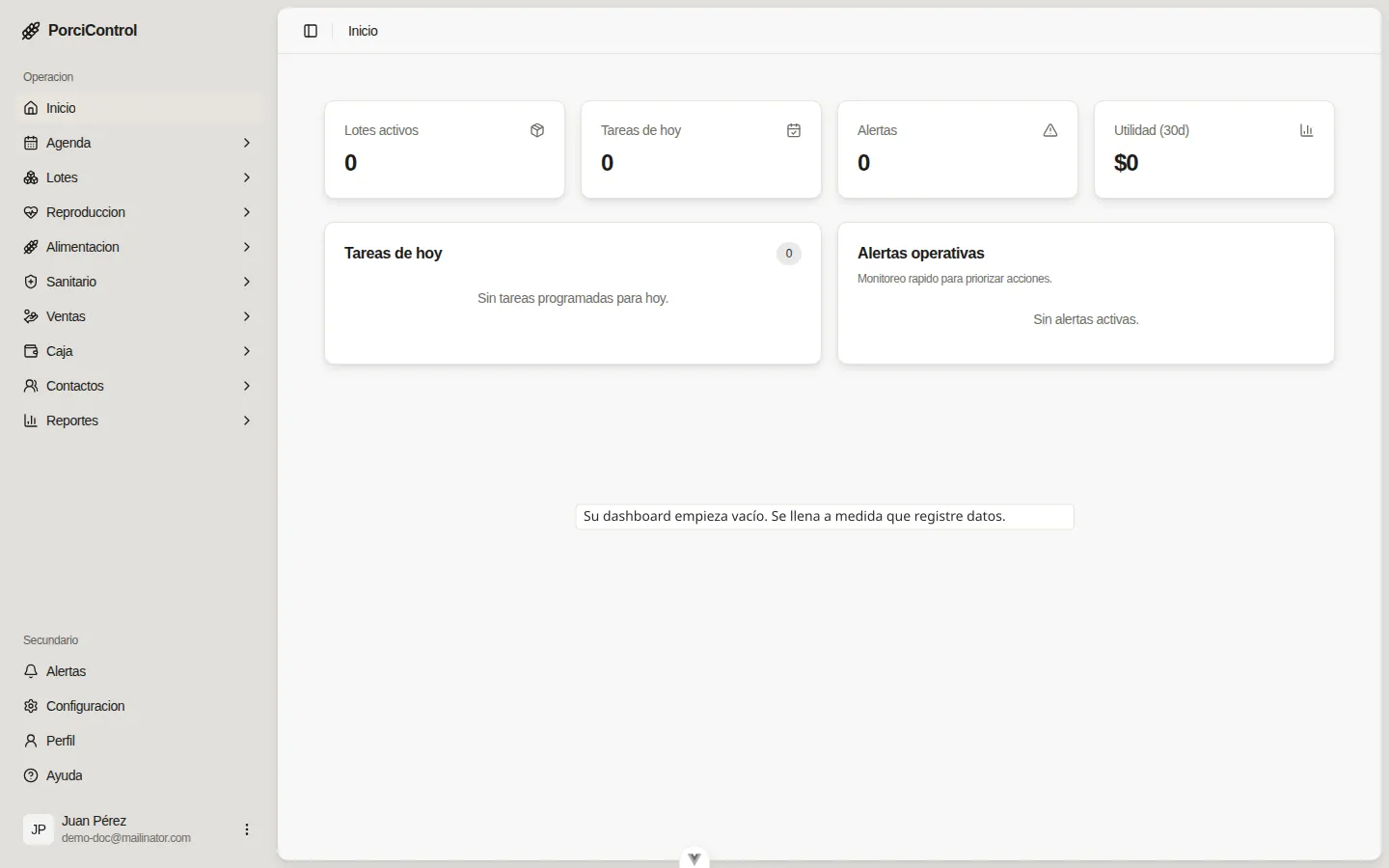 Dashboard recién creado, vacío, con un callout explicando que se llena al registrar datos.