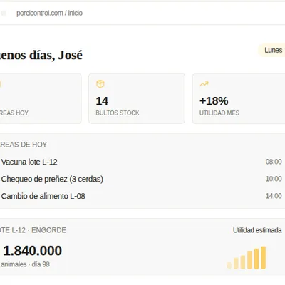 Vista del dashboard de PorciControl